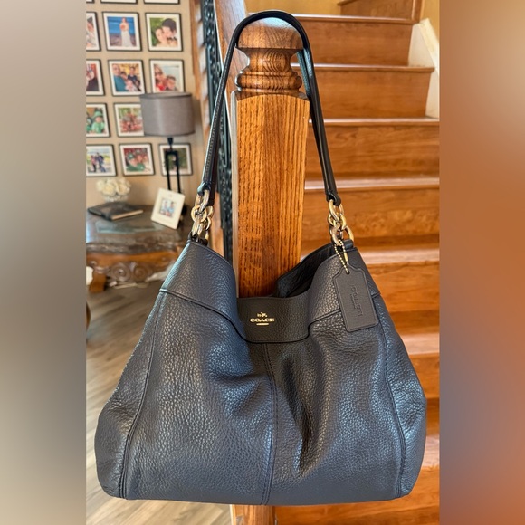 Coach Lexy Black Pebble Leather Shoulder Bag Purse F57545 Three Compartments - Picture 1 of 13